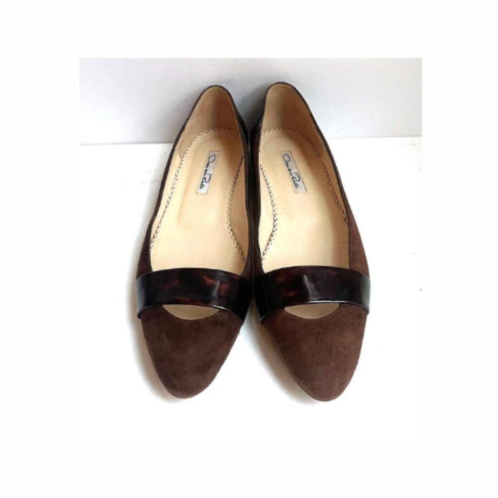 Oscar De La Renta Brown Suede Flats Tortoise Shell Trim Sz 7 38 Run Small